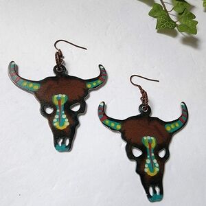 Western Boho Bull Longhorn Skull Metal Earrings